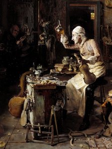 细节：“”意大利制琴师斯特拉迪瓦里 (Antonio Stradivari) (1644-1737) 在他的工作室中“”安东尼奥里纳尔迪绘画（19 世纪）1886 年克雷莫内，Museo Civico 作者 Antonio Rinaldi