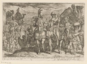 亚伯拉罕将罗得和他的家人带到自己的土地上
Abraham Loth, et familia reducit（物体上的标题）
旧约》中的战斗场面（系列标题） 作者 尼古拉·范·阿尔斯特