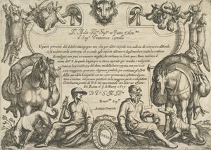 猎手、狗和马的正面插图，来自《狩猎场景VI》，1609年。 作者 安东尼奥·坦佩斯塔