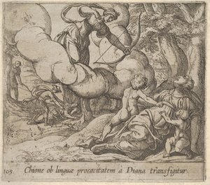 图105：戴安娜（Diana）将弓对准两个孩子陪伴的基昂（Chione），1606年，不是。 作者 安东尼奥·坦佩斯塔