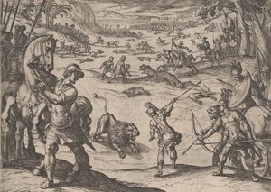 图版11：亚历山大的猎狮，来自《亚历山大大帝事迹》，1608年、 作者 安东尼奥·坦佩斯塔