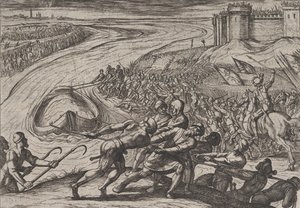 图版12：将装满谷物的船只拉到岸边，来自《罗马人对......的战争》，1611年。 作者 安东尼奥·坦佩斯塔