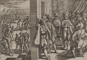图版18：Civilis与特里尔其他领导人的秘密会议，来自《罗马战争》，1611年。 作者 安东尼奥·坦佩斯塔