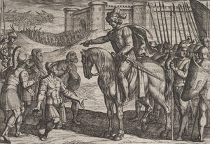 图版19：要塞的人投降并向Civilis宣誓，摘自《战争》，1611年。 作者 安东尼奥·坦佩斯塔