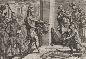 图版26：Cerialis赦免和解除帮助Civilis的罗马士兵，来自《Wa...》，1611年。 作者 Antonio Tempesta