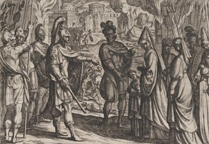图版28：科隆军队将Civilis的妻子和妹妹带到Cerialis身边，出自《R...的战争》，1611年。 作者 Antonio Tempesta