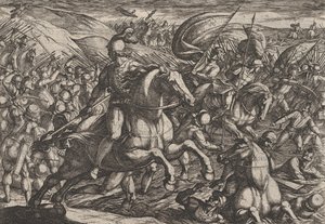 图版30：Cerialis将荷兰人赶入莱茵河，出自《罗马人对......的战争》，1611年。 作者 安东尼奥·坦佩斯塔