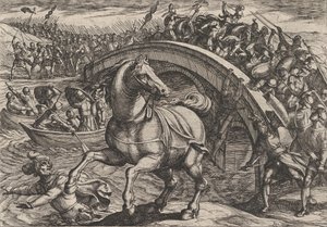 图版31：被迫下马游过河的Civilis，来自《罗马人的战争》，1611年。