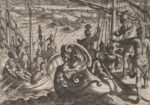 图版33：莱茵河上的荷兰和罗马船队，摘自《罗马人对英国人的战争》，1611年。