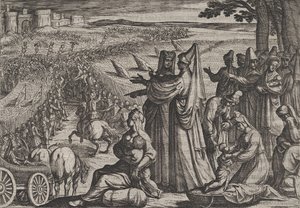 图版8：妇女和儿童观察Civilis与罗马人的战斗，出自《罗马人的战争》，1611年。 作者 安东尼奥·坦佩斯塔