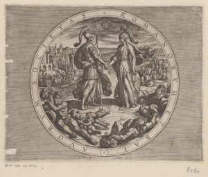 罗马和巴达维亚握手
Romanorum et Batavorum societas（物品上的标题）
巴达维亚人对罗马人的战争（系列标题）
Batavorum cum Romanis Bellum（系列标题） 作者 奥托·范·维恩