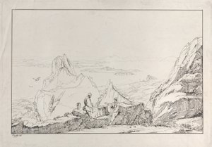山区风景，前景是两个人，1828年。 作者 Antonio Vianello