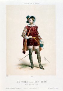 歌手让-巴蒂斯特 (Jean Baptiste) 福雷 (1830-1914) 在巴黎歌剧院演出期间表演沃尔夫冈·阿玛德乌斯·莫扎特 (Wolfgang Amadeus Mozart) (1756-1791) 的同名歌剧唐璜 (Don Giovanni)。 安东尼·莫伦 (Antony Morlon) 的石版画 (1834-1914) 科尔 作者 安东尼·保罗·埃米尔·莫隆