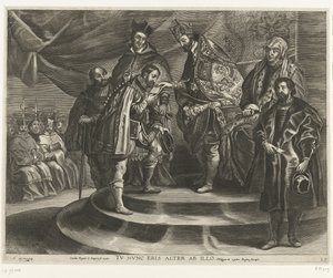 查理五世退位；1635 年斐迪南进入根特（第 25 张）
Carolus Regnis et Imperio se exuit / Tu nunc eris alter ab illo / Philippus II a patre Regna suscipit（物品上的标题） 作者 安东尼范德杜斯
