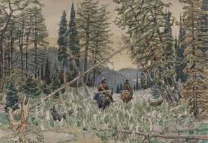 在一片松树林中骑马的猎人 作者 阿波利纳里（Apollinari Mikhailovich Vasnetsov）