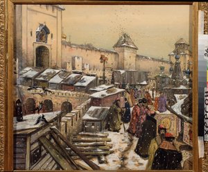 17 世纪的莫斯科，基督救世主桥上的书店）- Oeuvre de Appolinari Mykhaylovich Vasnetsov (1856-1933)，纸板上的水彩画和白纸 作者 阿波利纳里（Apollinari Mikhailovich Vasnetsov）