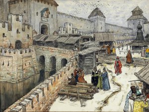 17世纪的莫斯科。基督救世主桥上的书店，1902年 作者 阿波利纳里（Apollinari Mikhailovich Vasnetsov）