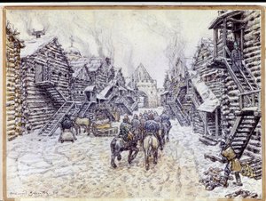 莫斯科老城。雪下的传统木制建筑。Appolinari Mikhaylovich Vasnetsov（1856-1933 年）的作品，纸上水彩和粉笔画 作者 阿波利纳里（Apollinari Mikhailovich Vasnetsov）