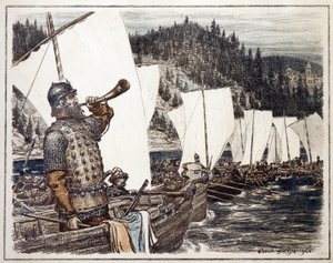 叶尔马克-季莫费耶维奇（约 1540-1585 年）在额尔齐斯河上。1583 年探索和征服西伯利亚的插曲。Appolinari Mikhaylovich Vasnetsov（1856-1933 年）的作品，石版画，1916 年。俄罗斯艺术，20 世纪 作者 阿波利纳里（Apollinari Mikhailovich Vasnetsov）