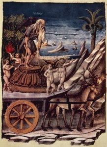 时间的胜利，鹿拉着时间的战车，Apollonio di Giovanni（1415或1417-约1465）的微型画，出自《胜利》，Francesco Petrarca（1304-1374）的寓言诗，手稿1129，对开页42，背面，意大利 作者 阿波罗尼奥·迪·乔瓦尼·迪·托马索