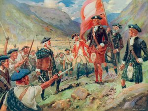 升旗仪式，1745年邦尼-查理王子在苏格兰登陆（彩色平版印刷）。 作者 阿奇博尔德·贝特拉姆（后）韦伯