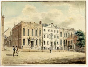 华尔街和威廉街道的东北角，纽约市，1798年（wc和墨水在纸上）