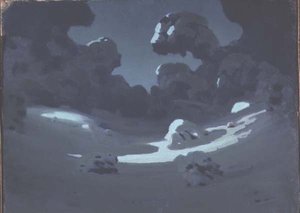月亮照亮了森林中的一片空地（纸上油画）
