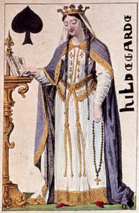 查理曼大帝（查理一世）的妻子 Hildegarde de Vintzgau (757-783) 的代表。 Gustave Houbigant (1789-1862) 19 世纪巴黎 B.N. 制作的扑克牌细节