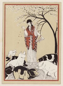 西尔塞在把奥德修斯的同伴变成猪后给他们喂食（彩色石版画）
