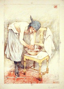 洗衣服的女孩，出自《现代艺术》，1897-99年在巴黎出版（彩色平印）。 作者 阿曼德·拉森福斯