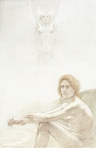 坐着的女性裸体与背景中的幽灵般的女性形象