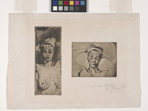 Nue Avec Les Mains Derrierre La Tête，Verticale（双手抱头的裸体，垂直）（左图）；Nue Avec Les Mains Derrieres La Tête，Horizontale（双手抱头的裸体，水平）（右图）（蚀刻版画和水印版画）