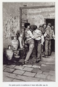通过致命的 "吻 "邀请参加西西里岛的决斗，实际上是在耳朵上咬了一口。阿纳尔多-费拉古蒂为乔瓦尼-维尔加的新《乡村骑士》所作的插图。1897 作者 阿纳尔多·费拉古蒂