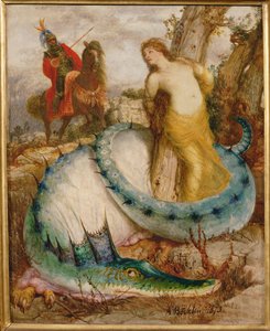 Angelica und der Drache - 当归和龙......（木板上的钢笔画） 作者 阿诺德·伯克林
