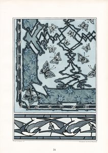 新艺术风格的燕子和蝴蝶装饰图案（石版画）