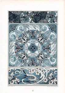 蓝白装饰图案与蝴蝶和小鸟（石版画） 作者 阿诺德·林润（Arnold Lyongrun）