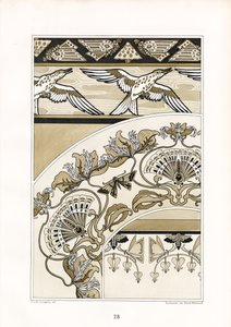 带有鸟和扇子图案的新艺术装饰品（石版印刷品） 作者 阿诺德·林润（Arnold Lyongrun）