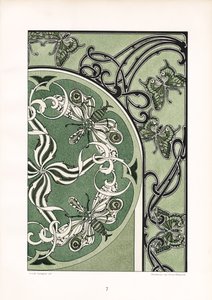 绿色装饰构图中的昆虫图案（石版画） 作者 阿诺德·林润（Arnold Lyongrun）