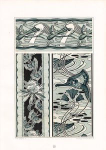 天鹅和蝴蝶图案装饰画（石版画） 作者 阿诺德·林润（Arnold Lyongrun）