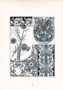 蓝白色彩中的蓟花装饰（石版印刷） 作者 阿诺德·林润（Arnold Lyongrun）