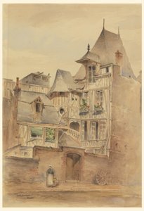 素描，有中世纪房屋的街景，约 1885 年