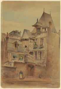 素描，有中世纪房屋的街景，约 1885 年