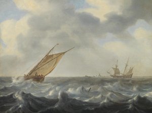 一艘渔船和一艘双桅船在海岸附近波涛汹涌的海面上航行 作者 阿诺德斯·范·安托尼森