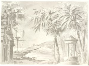 热带海岸景观，有棕榈树、船和小寺庙（佛？）
