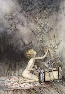 打开潘多拉魔盒，《奇迹之书》中的场景，纳撒尼尔·霍桑（彩色石版画）