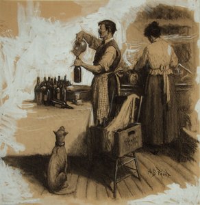 私酒贩子》（木板上的炭笔和水粉画）