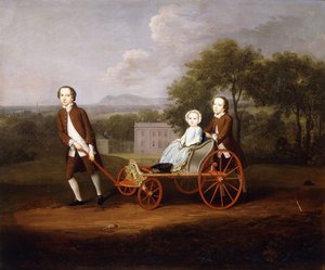 1747年，彼得和玛丽·杜·卡内的三个孩子的全画像，全部都是小身材，带着精美的狗推车玩耍，位于乡间别墅内 作者 亚瑟·戴维斯（Arthur Devis）