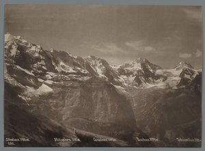 伯尔尼阿尔卑斯山的希尔伯霍恩 (Silberhorn)、米塔霍恩 (Mittaghorn)、格罗斯霍恩 (Grosshorn)、布赖特霍恩 (Breithorn) 和钦格尔霍恩 (Tschingelhorn) 上的 Gezicht 少女峰山脉全景（系列标题）