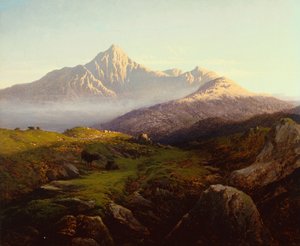 山区风景中的高地牛（布面油画）