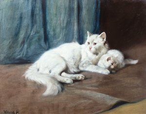 一只白色的波斯猫和她的小猫（布面油画）
